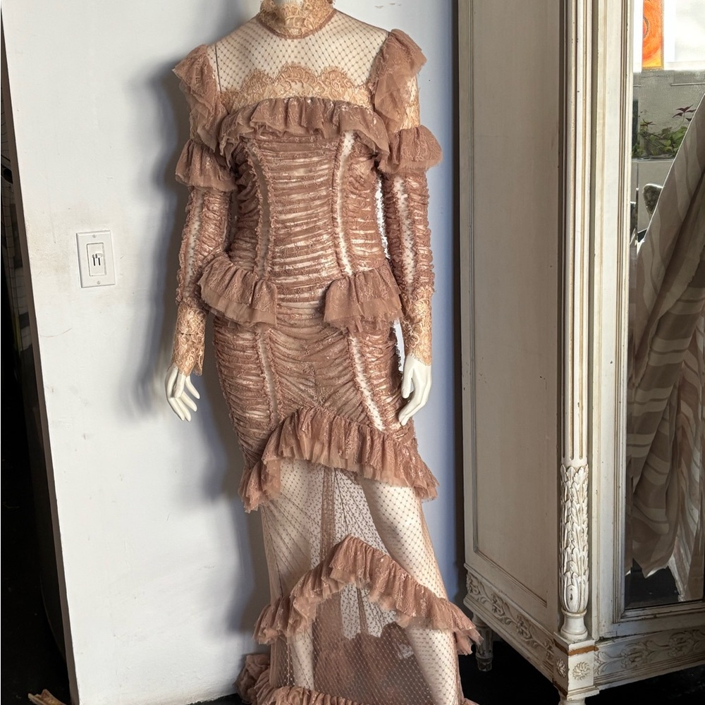 Amen Couture Italy - long sleeve mixed lace sheer gown with train